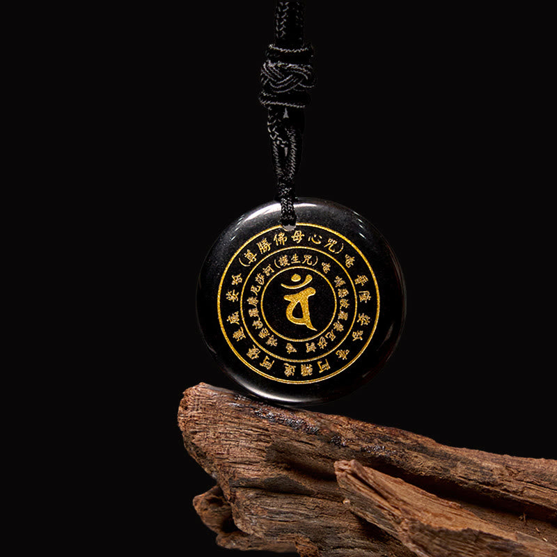 Buddha Stones Colgante de collar con mantra sánscrito de Vairocana Tathagata y aventurina verde con cristales de obsidiana negra y fuerza. - Obsidiana negra - image 0