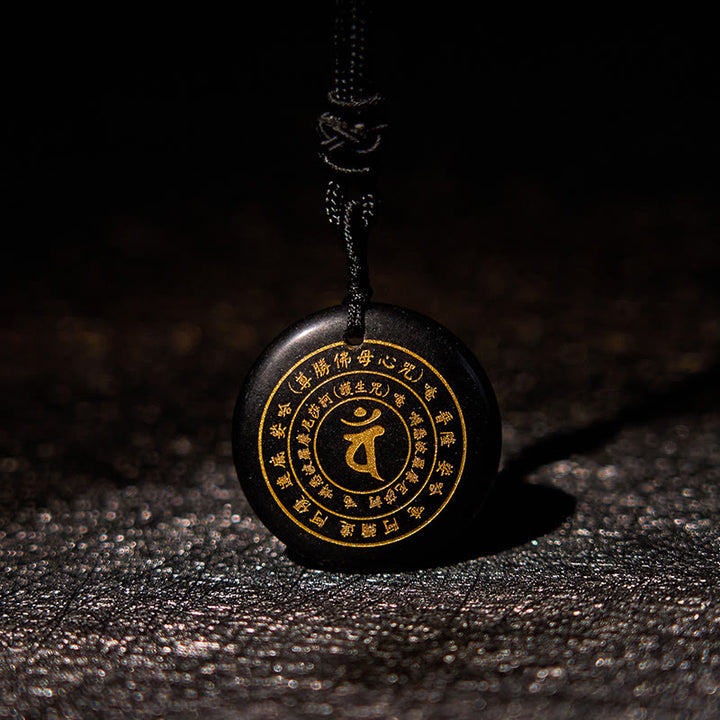 Buddha Stones Colgante de collar con mantra sánscrito de Vairocana Tathagata y aventurina verde con cristales de obsidiana negra y fuerza. - image 1