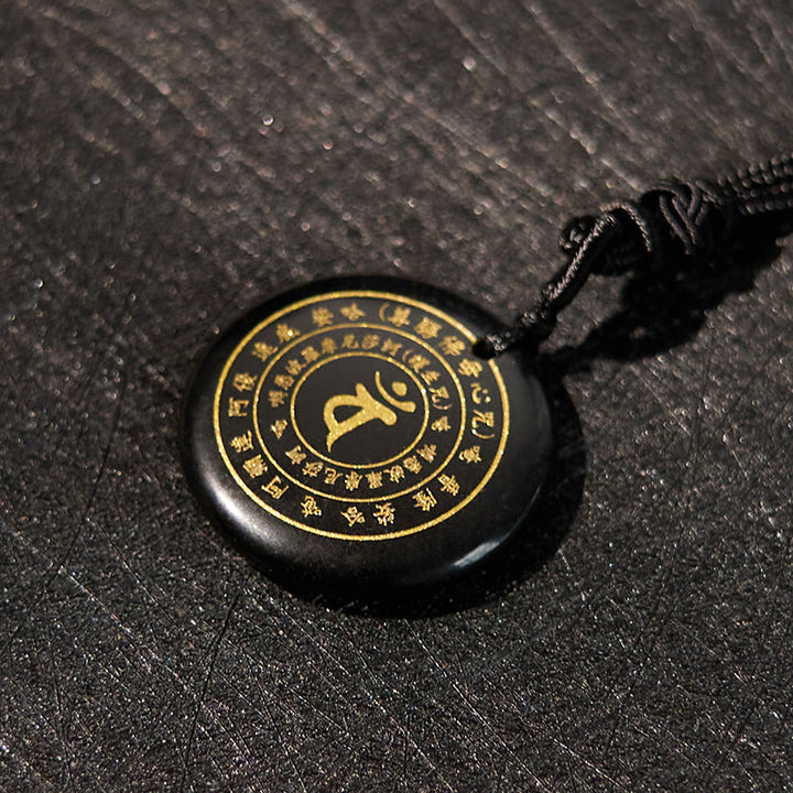 Buddha Stones Colgante de collar con mantra sánscrito de Vairocana Tathagata y aventurina verde con cristales de obsidiana negra y fuerza. - image 2