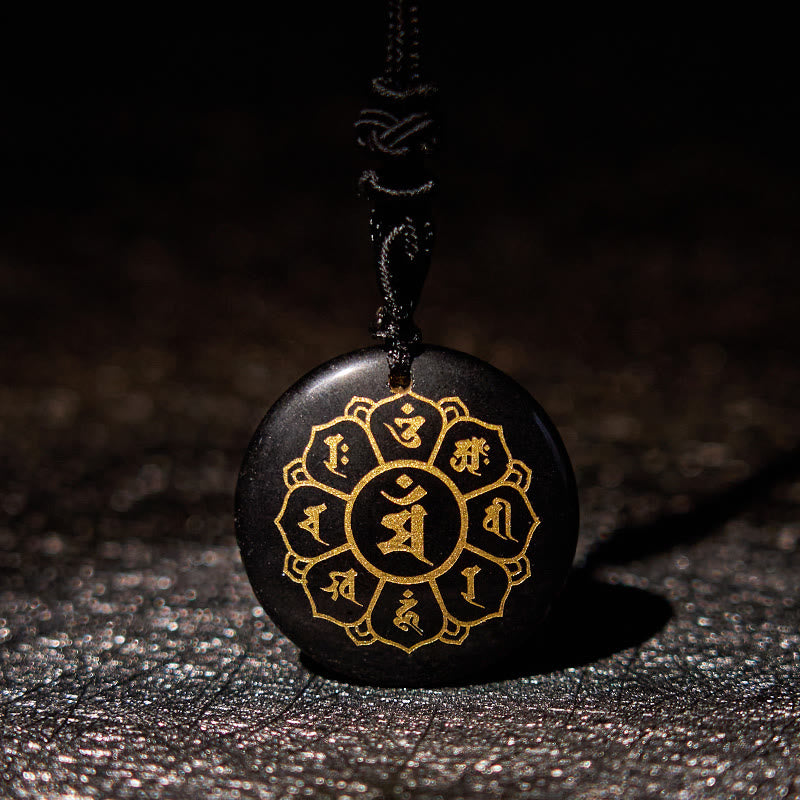 Buddha Stones Collar con colgante de obsidiana negra con cristales naturales de Om Mani Padme Hum - Obsidiana negra - image 0