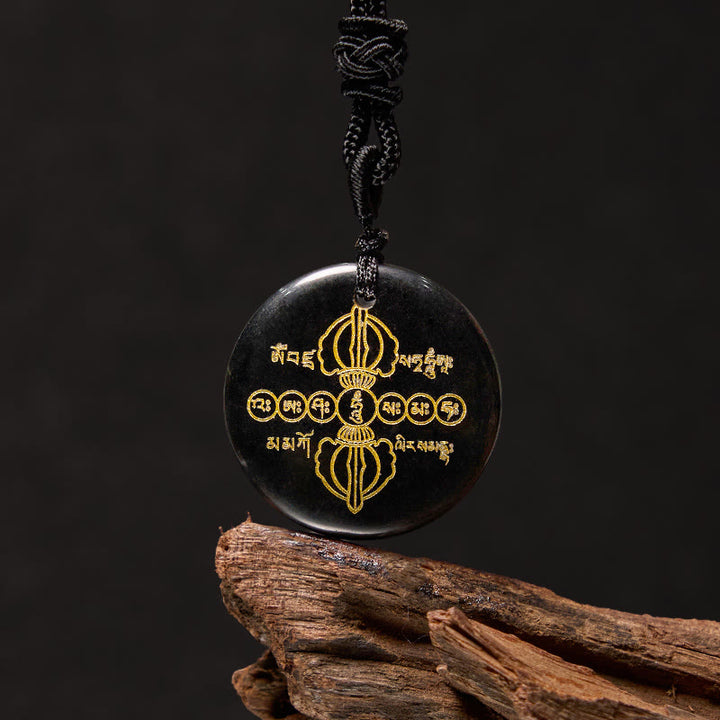 Buddha Stones Colgante de collar con obsidiana negra de cristal natural con patrón sánscrito Vajra Dorje - Obsidiana negra - image 0