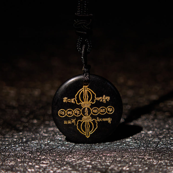 Buddha Stones Colgante de collar con obsidiana negra de cristal natural con patrón sánscrito Vajra Dorje - image 1