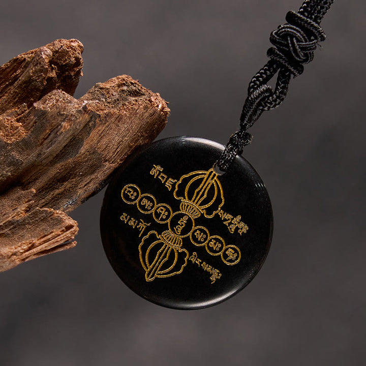 Buddha Stones Colgante de collar con obsidiana negra de cristal natural con patrón sánscrito Vajra Dorje - image 2