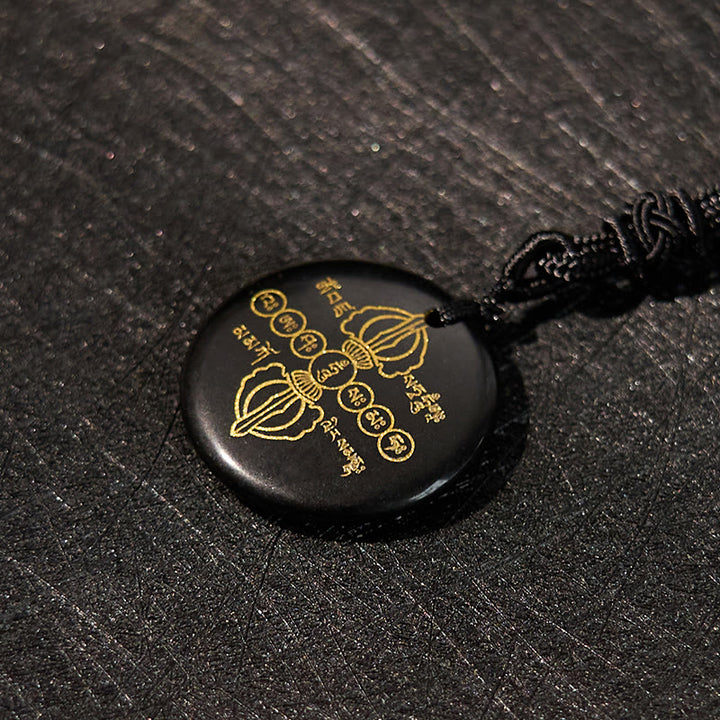 Buddha Stones Colgante de collar con obsidiana negra de cristal natural con patrón sánscrito Vajra Dorje - image 3