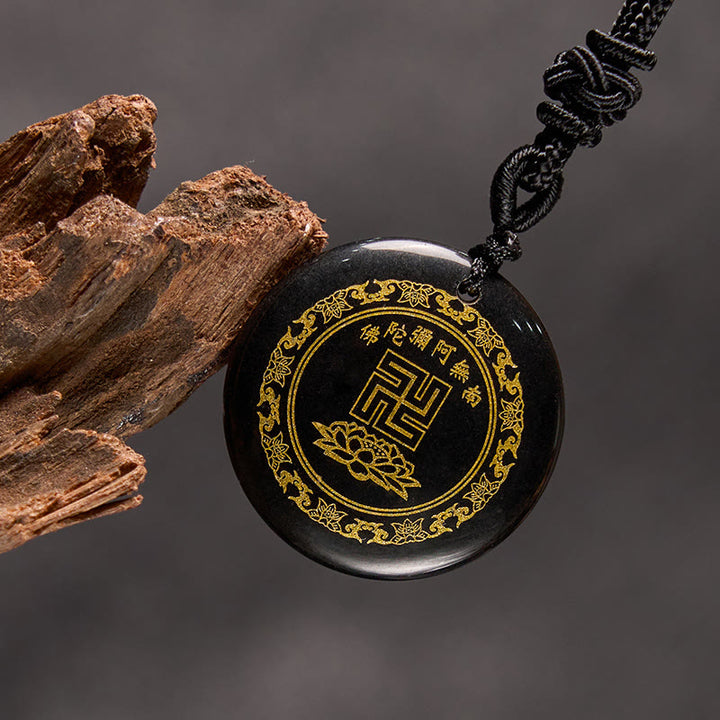 Buddha Stones Colgante de obsidiana negra con diseño de loto y esvástica natural de varios cristales - image 1