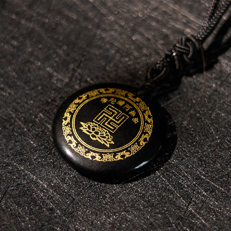 Buddha Stones Colgante de obsidiana negra con diseño de loto y esvástica natural de varios cristales - image 2