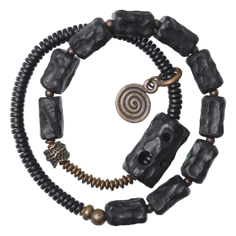 Pulsera de doble vuelta con Buddha Stones, madera de ébano, cobre, latón y ágata roja