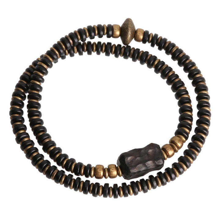 Pulsera de doble vuelta con Buddha Stones, madera de ébano, sándalo verde, cobre y latón