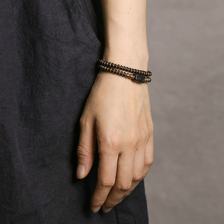 Pulsera de doble vuelta con Buddha Stones, madera de ébano, sándalo verde, cobre y latón
