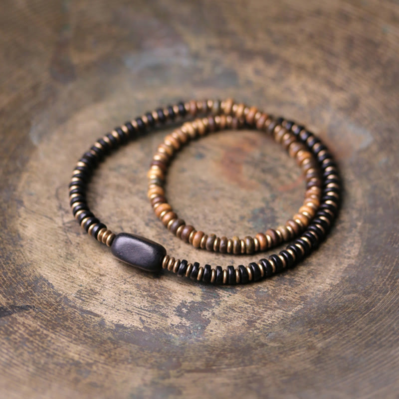 Pulsera de doble vuelta con Buddha Stones, madera de ébano, sándalo verde, cobre y latón
