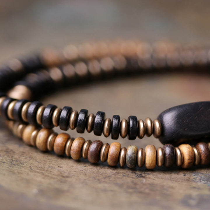 Pulsera de doble vuelta con Buddha Stones, madera de ébano, sándalo verde, cobre y latón