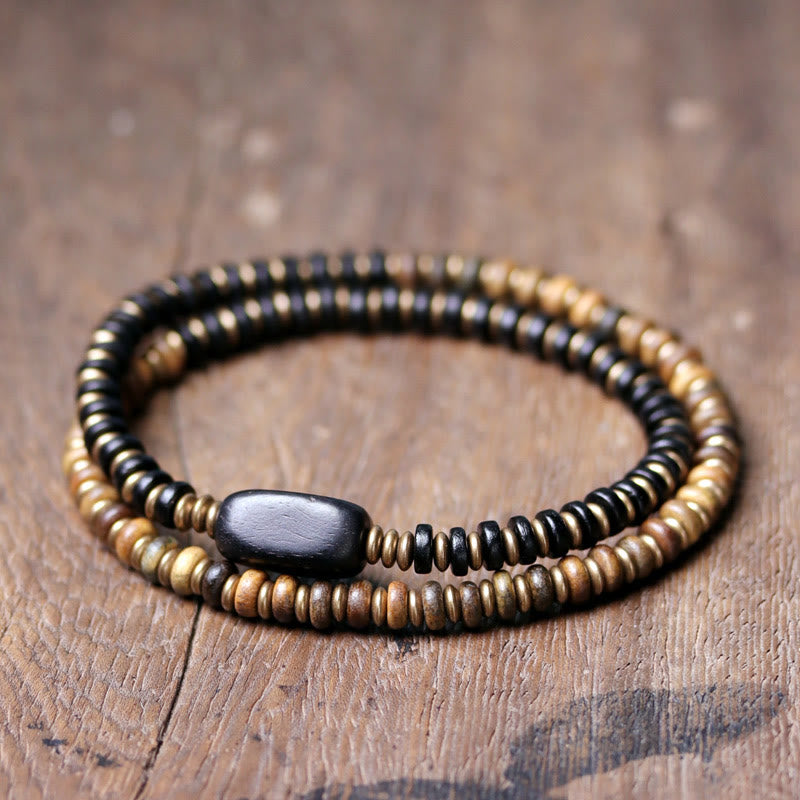 Pulsera de doble vuelta con Buddha Stones, madera de ébano, sándalo verde, cobre y latón