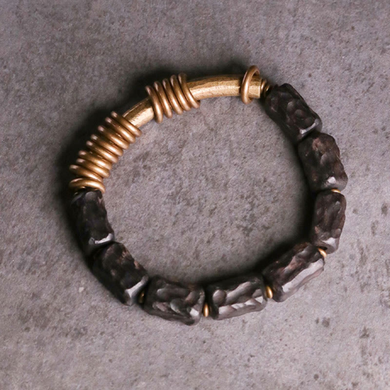 Pulsera de la paz con anillo circular de cobre, latón, madera y ébano con Buddha Stones