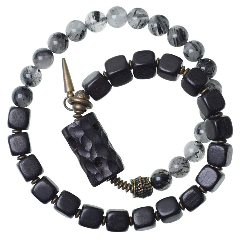 Pulsera de equilibrio de doble vuelta con Buddha Stones, madera de ébano, cuarzo rutilado negro, cobre y latón