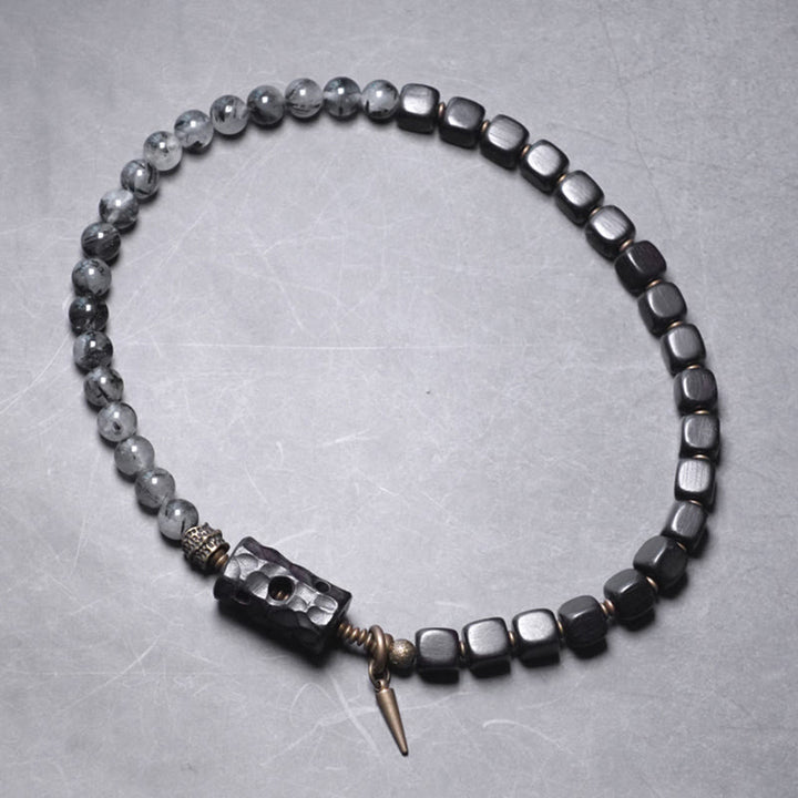 Pulsera de equilibrio de doble vuelta con Buddha Stones, madera de ébano, cuarzo rutilado negro, cobre y latón