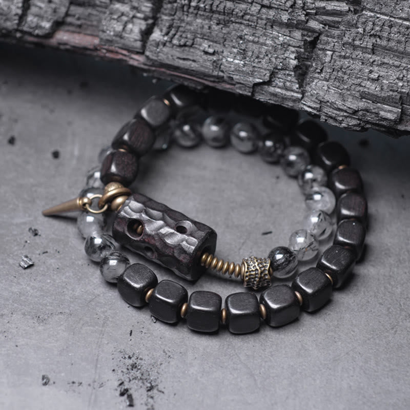 Pulsera de equilibrio de doble vuelta con Buddha Stones, madera de ébano, cuarzo rutilado negro, cobre y latón