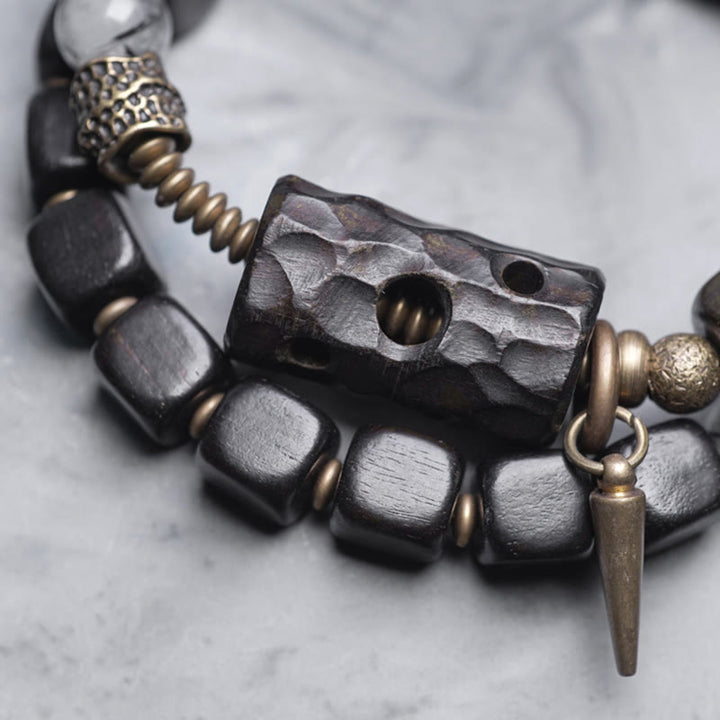 Pulsera de equilibrio de doble vuelta con Buddha Stones, madera de ébano, cuarzo rutilado negro, cobre y latón
