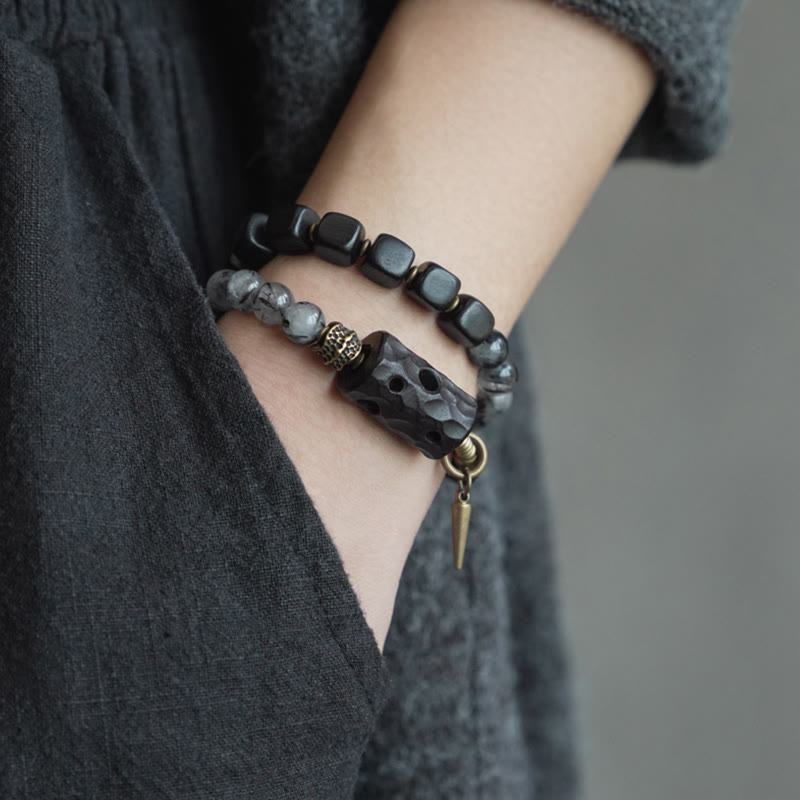 Pulsera de equilibrio de doble vuelta con Buddha Stones, madera de ébano, cuarzo rutilado negro, cobre y latón