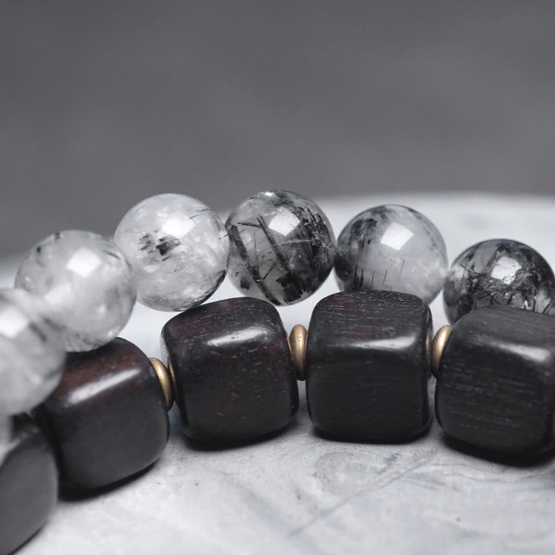 Pulsera de equilibrio de doble vuelta con Buddha Stones, madera de ébano, cuarzo rutilado negro, cobre y latón