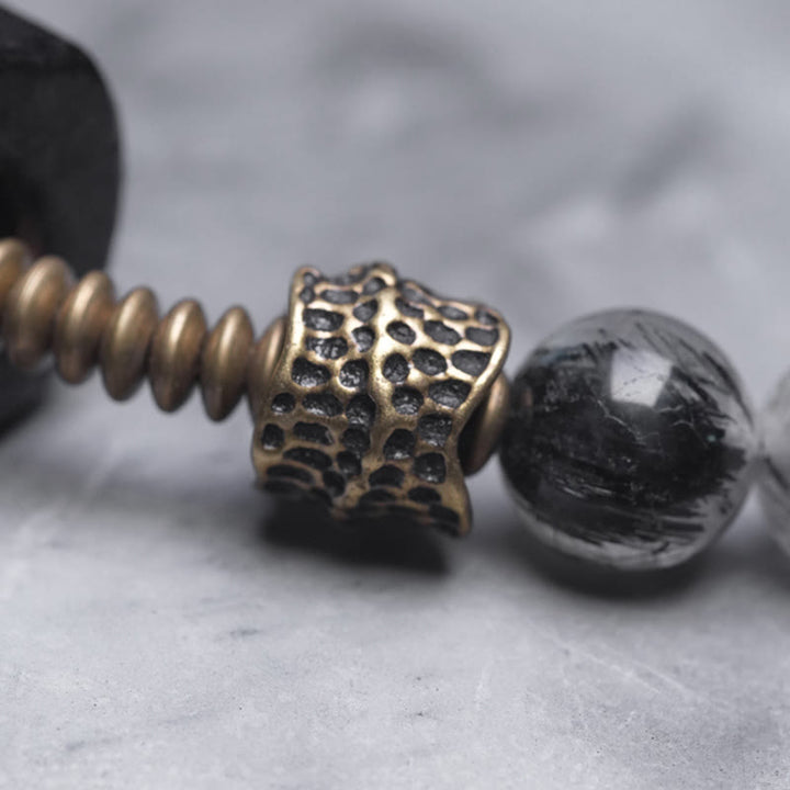 Pulsera de equilibrio de doble vuelta con Buddha Stones, madera de ébano, cuarzo rutilado negro, cobre y latón