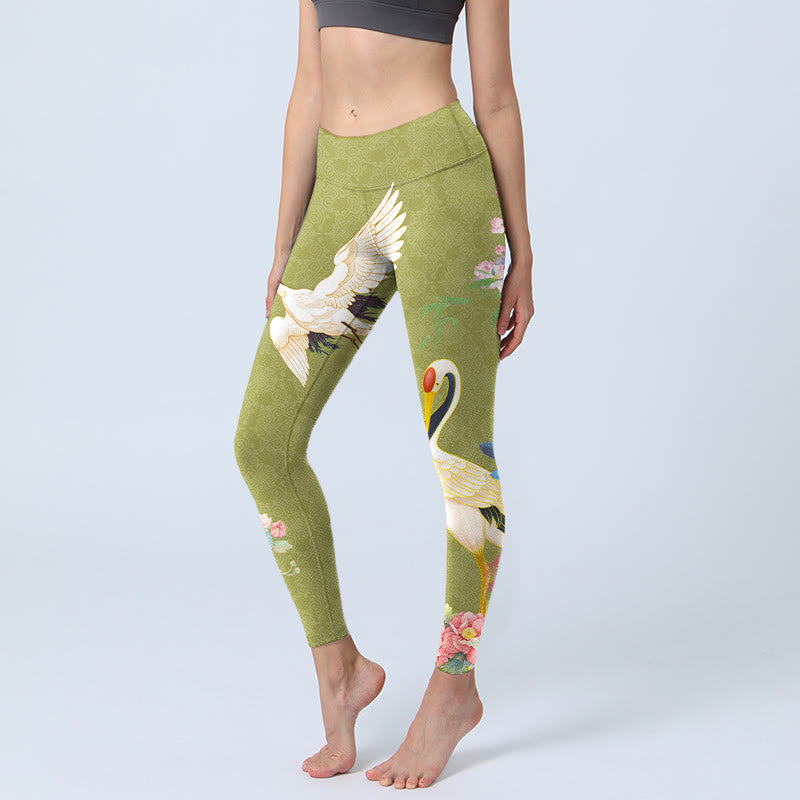 Leggings de yoga para mujer con estampado de bambú, pájaros, hibisco y Buddha Stones - AmarilloVerde - US18，UK/AU22，EU50 (4XL) - image 1