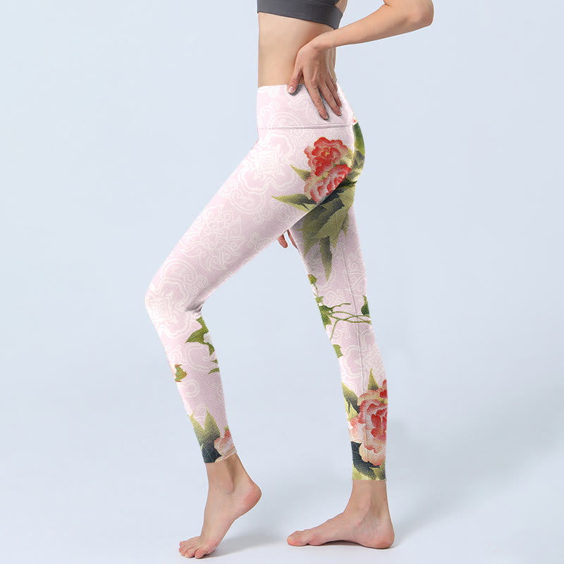 Leggings de yoga para mujer con estampado de flores y hojas de hibisco y Buddha Stones - image 3