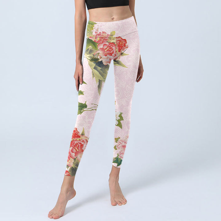 Leggings de yoga para mujer con estampado de flores y hojas de hibisco y Buddha Stones - image 6