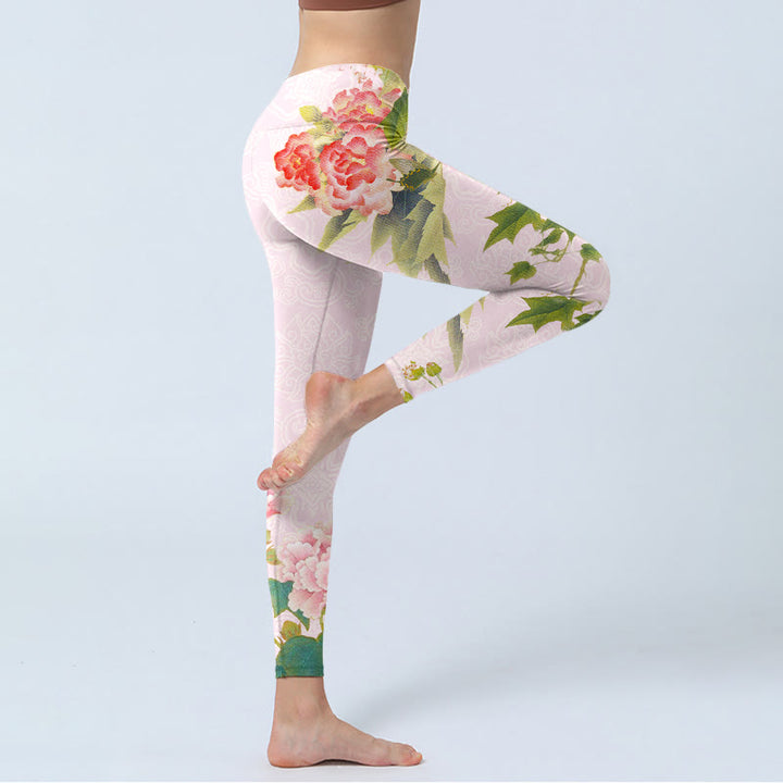 Leggings de yoga para mujer con estampado de flores y hojas de hibisco y Buddha Stones - image 4
