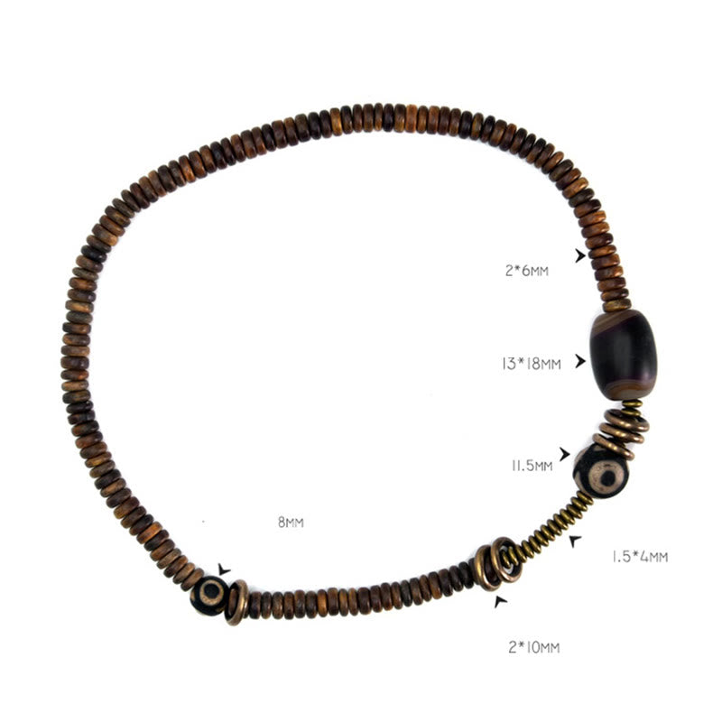 Pulsera de doble vuelta con cuentas Dzi de latón, cobre, sándalo verde, madera de ébano y Buddha Stones