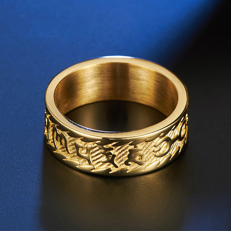 Anillo de la paz de acero y titanio con seis palabras verdaderas de Buddha Stones Om Mani Padme Hum Swastika