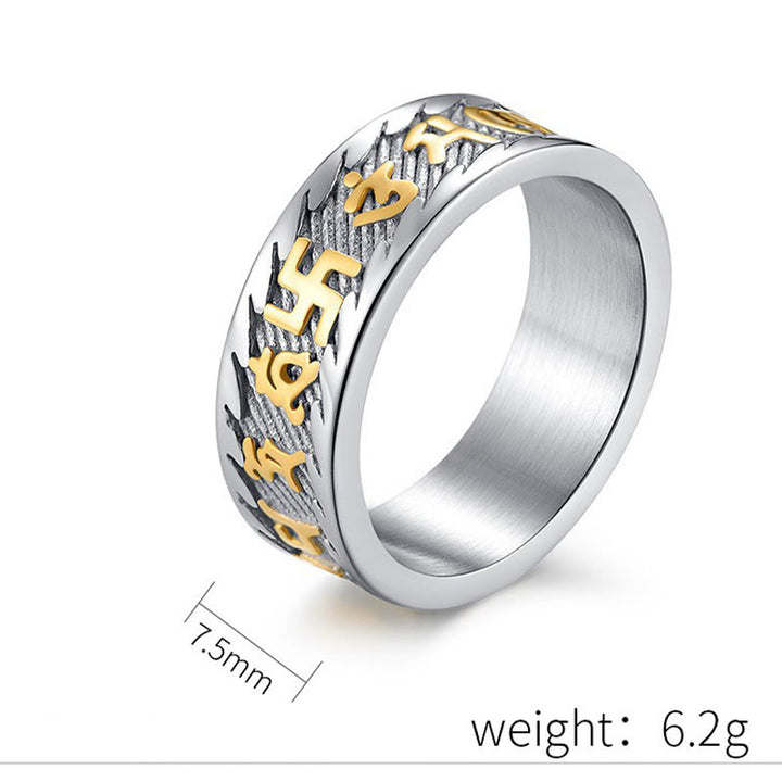 Anillo de la paz de acero y titanio con seis palabras verdaderas de Buddha Stones Om Mani Padme Hum Swastika