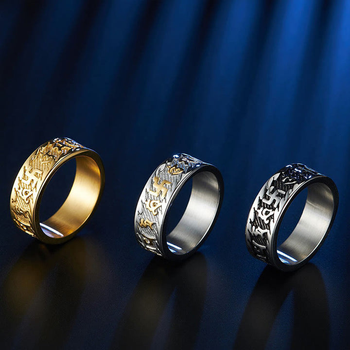 Anillo de la paz de acero y titanio con seis palabras verdaderas de Buddha Stones Om Mani Padme Hum Swastika