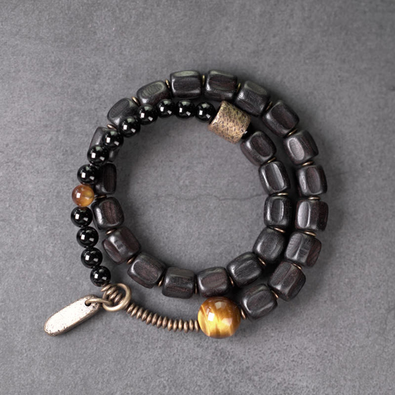 Pulsera de doble vuelta con Buddha Stones, madera de ébano, cobre, latón y ojo de tigre