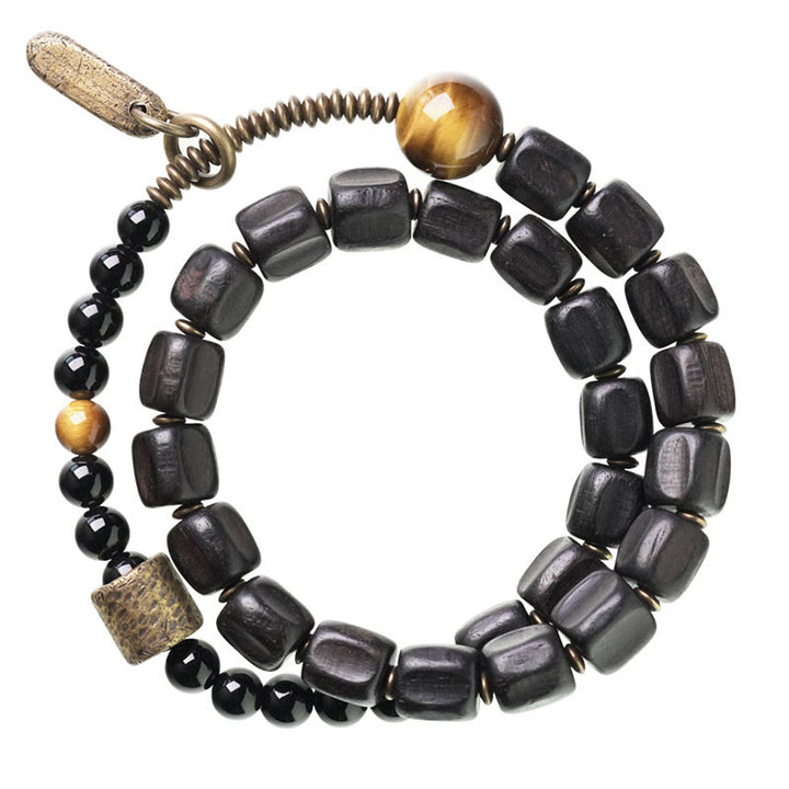 Pulsera de doble vuelta con Buddha Stones, madera de ébano, cobre, latón y ojo de tigre