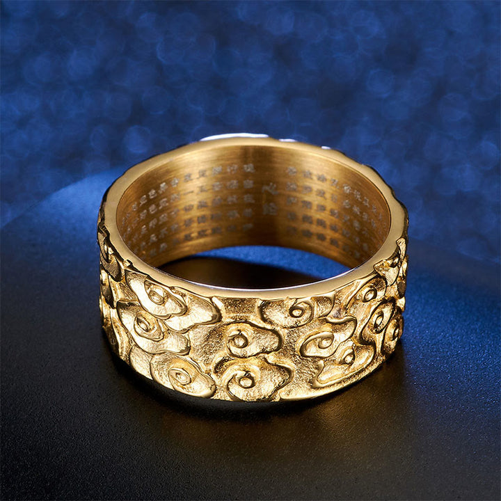 Anillo de acero de titanio con diseño de sutra de corazón grabado con nubes auspiciosas y Buddha Stones