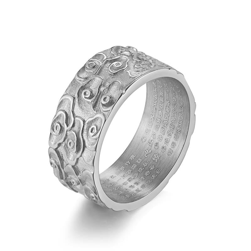 Anillo de acero de titanio con diseño de sutra de corazón grabado con nubes auspiciosas y Buddha Stones