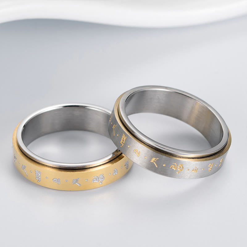 Anillo giratorio de equilibrio de acero y titanio con mantra tibetano y Buddha Stones