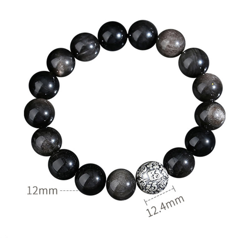 Pulsera de plata de ley 999 con obsidiana negra y Buddha Stones que transforma el carácter Fu - image 9