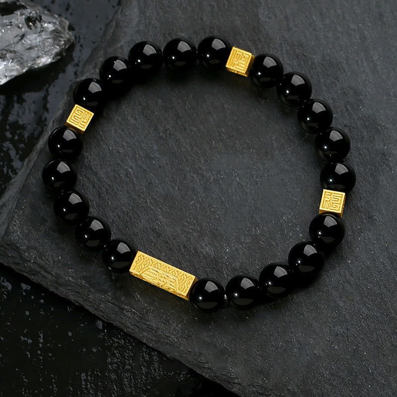 Pulsera de fuerza con forma de cubo y personaje Fu en plata de ley 925 con obsidiana negra y Buddha Stones - Obsidiana negra dorada (circunferencia de la muñeca: 17-19 cm) - image 0