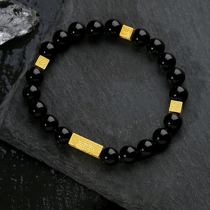 Pulsera de fuerza con forma de cubo y personaje Fu en plata de ley 925 con obsidiana negra y Buddha Stones - Obsidiana negra dorada (circunferencia de la muñeca: 17-19 cm) - image 0