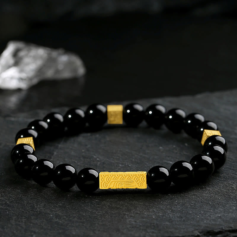 Pulsera de fuerza con forma de cubo y personaje Fu en plata de ley 925 con obsidiana negra y Buddha Stones