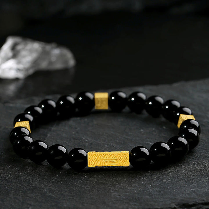 Pulsera de fuerza con forma de cubo y personaje Fu en plata de ley 925 con obsidiana negra y Buddha Stones