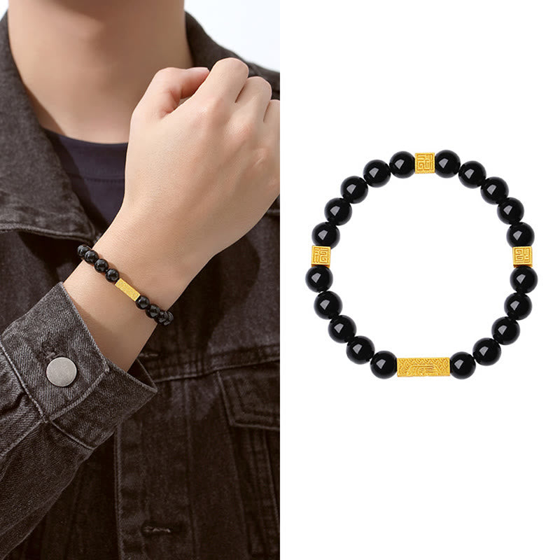 Pulsera de fuerza con forma de cubo y personaje Fu en plata de ley 925 con obsidiana negra y Buddha Stones