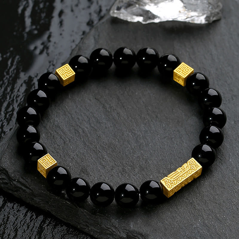 Pulsera de fuerza con forma de cubo y personaje Fu en plata de ley 925 con obsidiana negra y Buddha Stones