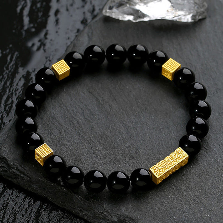 Pulsera de fuerza con forma de cubo y personaje Fu en plata de ley 925 con obsidiana negra y Buddha Stones