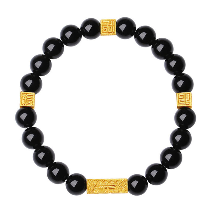 Pulsera de fuerza con forma de cubo y personaje Fu en plata de ley 925 con obsidiana negra y Buddha Stones