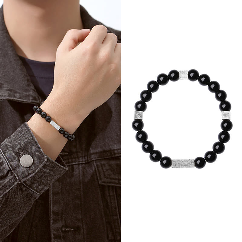 Pulsera de fuerza con forma de cubo y personaje Fu en plata de ley 925 con obsidiana negra y Buddha Stones