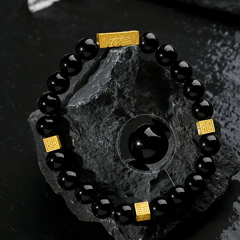 Pulsera de fuerza con forma de cubo y personaje Fu en plata de ley 925 con obsidiana negra y Buddha Stones - image 4