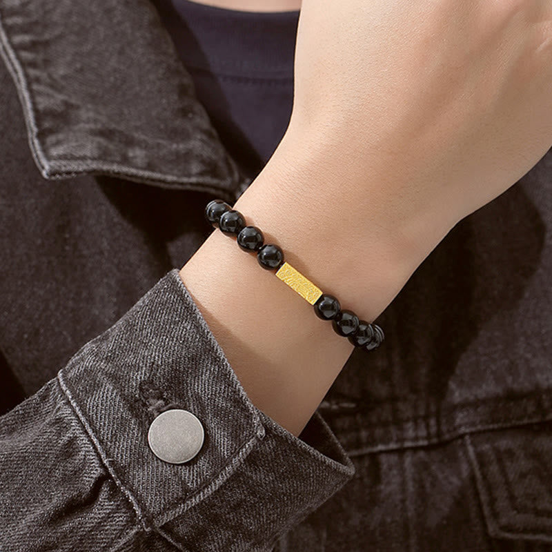 Pulsera de fuerza con forma de cubo y personaje Fu en plata de ley 925 con obsidiana negra y Buddha Stones