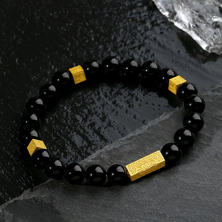 Pulsera de fuerza con forma de cubo y personaje Fu en plata de ley 925 con obsidiana negra y Buddha Stones